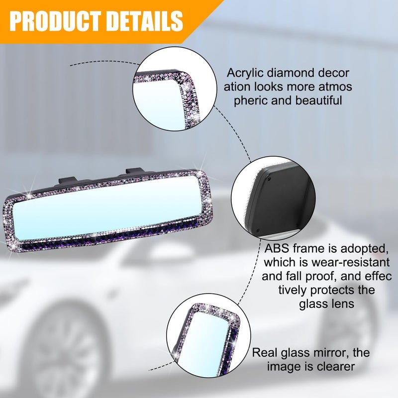 Osilly Bling Car Rearview Mirror, Decorations Rear View Mirror with Crystal Rhinestones & Diamonds, Car Interior Trim Accessories, Clip-on & HD Glass, Sparkly Gift (Purple) - Image 3